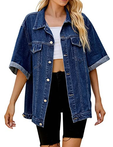 TDEOK Jumpsuit Black Women's Denim Jacket Half Sleeve Pocket Design Coat Turn-down Collar Coat Fringe, blue, 10