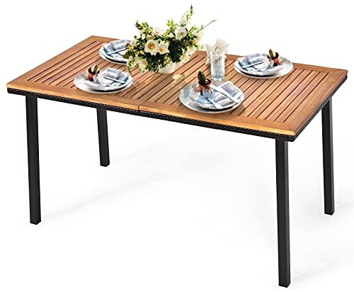 COSTWAY Mesa de Comedor de Madera de Acacia, Mesa RectagularJardín con Sombrilla y Marco de Acero, Terraza, Jardín, Patio, para 6-8 Personas, 140x75x76CM