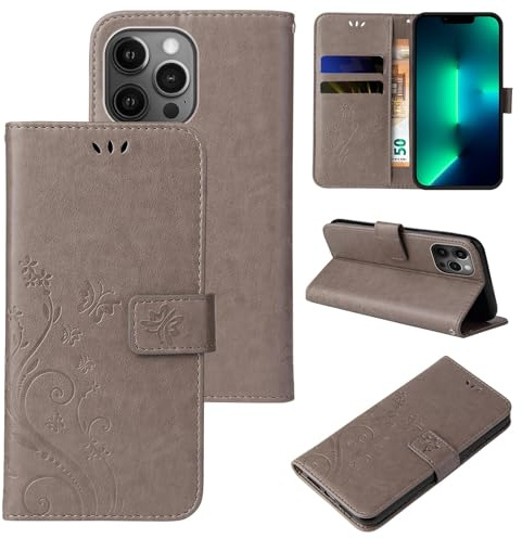 LBH Handy Hülle für Apple iPhone 13 Pro Case Handytasche Schmetterling Blumen Flower Standfunktion Schutzhülle Magnet Rundum Schutz 360 Grad Flipcase Cover Rosegold
