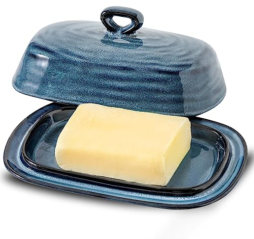 Hasense Butter Dish with Lid, Porcelain Butter Container with Handle for Countertop, Large Butter Keeper & Holder with Cover for West East Coast Butter, Farmhouse Kitchen Decor for Gift, Blue