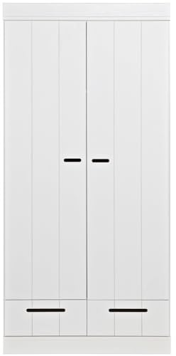 WOOOD Connect Kleiderschrank 2 Türig, Garderobenschrank aus Kiefer und Melamin mit Schublade Drehtürenschrank Connect-Schrankwand - Weiß - 195x94x53 cm