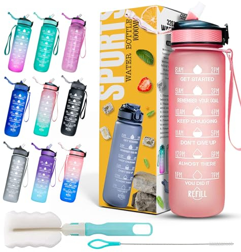 K-MART Sports Water Bottle with Straw and Time Marking, and 32OZ Capacity - Motivational and Eco-Friendly BPA-Free Bottle for Running, Gym, Yoga, Outdoors, and Camping (Style-1, Pink)