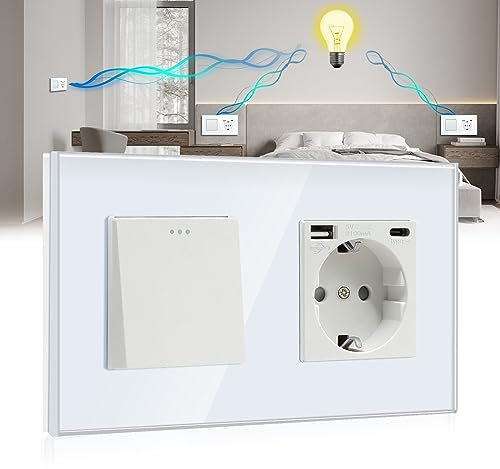 BSEED Interruptor de pared con Enchufe USB Blanco,1 Gang 3 Vías Interruptor conmutador+16Amp Schuko Enchufe con 1 Puerto Tipo C y 1 Puertos USB,16Amp Interruptor de luz de botón pulsador
