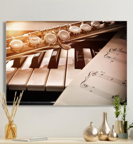 MyMaxxi - Premium Leinwandbild auf Keilrahmen Piano und Flöte Wandbild Design Wand Dekoration, Foto Mehrfarbig Leinwand - Piano Flöte, Groesse_leinwand:30x50 cm