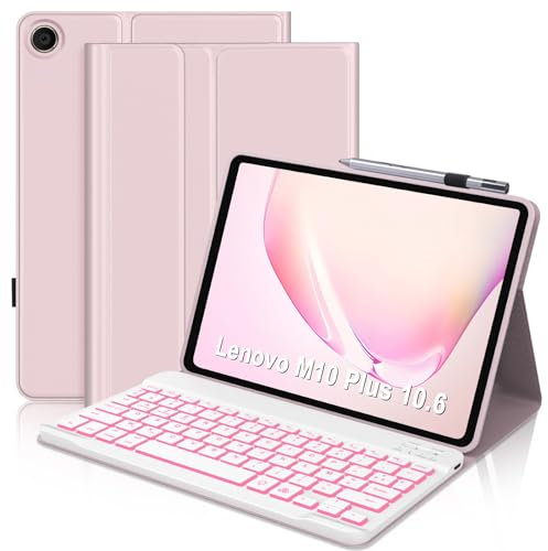 SENGBIRCH Étui Clavier pour Lenovo Tab M10 Plus 10.6 2022 3rd Generation - AZERTY Français Clavier rétroéclairé 7 Couleurs sans Fil Bluetooth pour Lenovo Tab M10 Plus 10.6(TB125/TB128), Rose Clair
