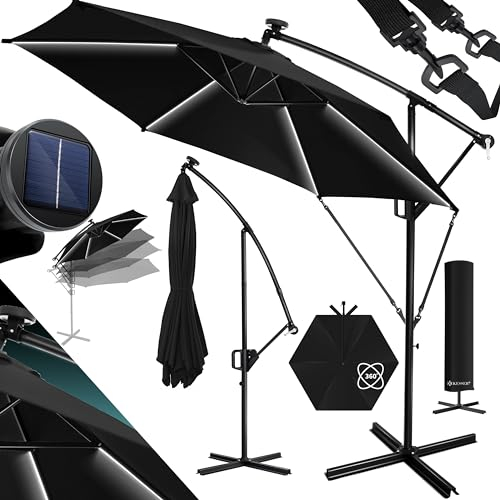 KESSER® Sombrilla LED Solar Aluminio 300cm Incluido Funda Control Remoto & Manivela | Parasol con Soporte Función 360° Protección UV Repelente Agua para Jardín Terraza Mercado Negro