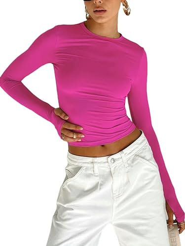 Top Corto Ajustado de Manga Larga con Cuello Redondo para Mujer de Moda-Fucsia-S
