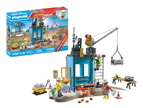 Playmobil 71650 Action Heroes: Construction Site Promo Pack, with three figures, movable crane, and many additional extras, detailed play sets suitable for children ages 4+
