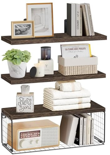 WenYa 3 Tier Toilet Shelves with Wire Basket, Wire Storage Basket Over Toilet, Wooden Shelves for Bathroom Living Room Kitchen (Dark)
