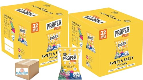 Gluten-Free, Hand-Popped Corn PROPERCORN Sweet & Salty Popcorn, Natural Sea Salt and Demerara Sugar Seasoning, Vegetarian, 65 kcal, 14g, Pack of 64 Sold by Slamtech