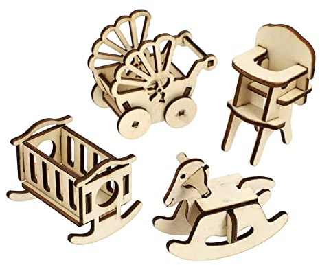 VICASKY 1 Set Puppenhaus Spielzeug Miniatur Kinderzimmermöbel Holz Mini Kinderzimmer Wiege Puppenhaus Möbel Hausdekoration Miniatur Schaukelpferd Stuhl Puppenhaus Schaukelpferd