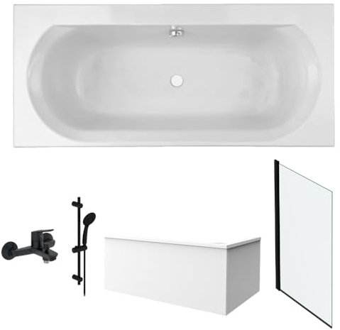 Jacob Delafon Pack Baignoire Droite 170 x 75 Elise + Tablier Angle + pommeau et mitigeur Bain Noir Aimé + Pare Bain Noir + vidage