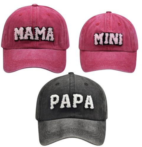 Besforta Mama Papa und Mini Hüte Verstellbare Vintage Baumwolle Bestickt Eltern-Kind Baseballmützen Set mit 3 passenden Familienmützen