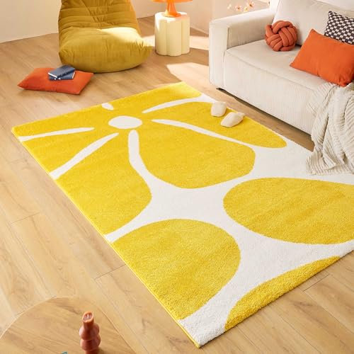 Nazar Teppich Groovy, bunt, Vintage, Retro, geometrisch, Orange, Gelb, Rosa, Rot, flauschig und bequem, Wohnzimmerteppich (385 gelb, 80x140 cm)