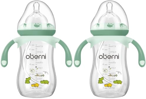 Oberni Anti-Colic Baby Bottle with Size 4 Breast-Like Teat, Non-Slip Handles, Weighted Straw for 12 Months Newborn Babies, 270ml/9oz/Green/2Pack