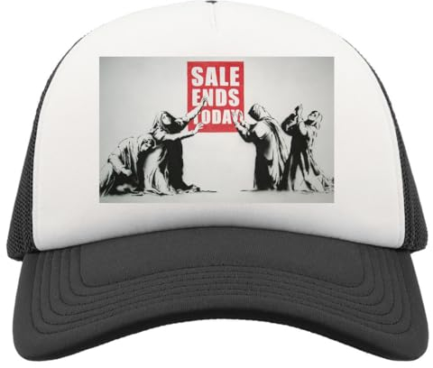 Atspauda Banksy Street Art Sale Ends Today Half Mesh Trucker Cap Baseball Hat Snapback Schwarz, Schwarz , Einheitsgröße