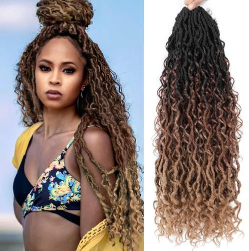 BLUONASI 6 Packs Goddess Faux Locs Crochet Hair for Black Women, Goddess Locs Crochet Hair, Boho Style Locs, River Locs Crochet Hair with Curly Ends (18Inch, 1b/30/27#, 6Packs)