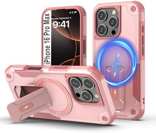 Tuvror Magnetisch Hülle für iPhone 16 Pro Max mit Ständer, [Kompatibel mit MagSafe] Integrierter Ständer, Militärischer Fallschutz, Robuste Stoßfeste Handyhülle für iPhone 16 Pro Max, (Rosa)