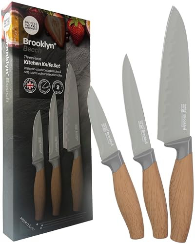 Taylors Eye Witness 3pc Beech Look Presentation Knife Set - Brooklyn Anti-Bacterial Non Stick Blue Coated Blades. 9cm Paring, 13cm All-Purpose & 16cm Oriental Santoku Chefs Knife. Soft Touch Handles.