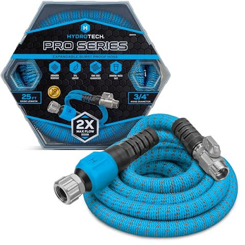 HydroTech 25 ft Expandable Garden Hose - Pro Series, 2x Max Flow, 3/4 No-Kink Flexibility, Lightweight Hose for Lawn, Garden, Car Washing, Deck and Patio Cleaning
