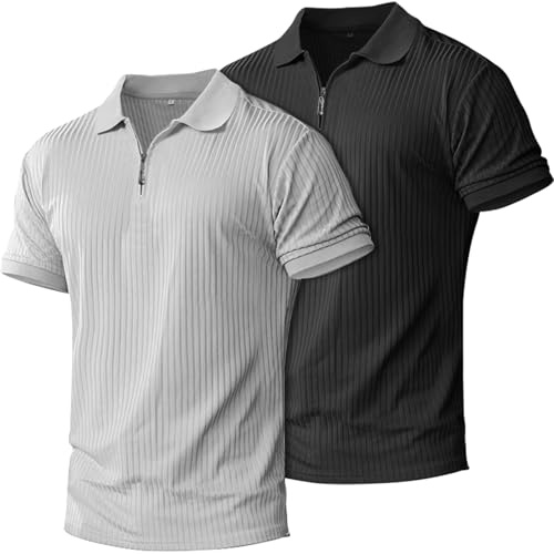Zipper Muscle Polo Shirts Men Slim Fit Ribbed Knit Golf Shirts Men Collared Fitted T Shirts Casual Stylish