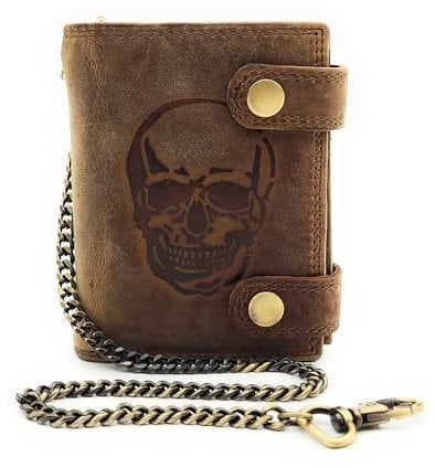 Lemasi Biker Geldbörse mit Kette RFID Schutz Hunterleder Portemonnaie Skull Totenkopf Skull Schädel (braun hoch Außenriegel)