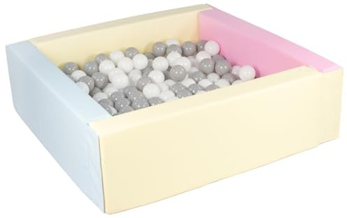 Velinda Piscine à balles carrée avec 300 balles, Cuir écologique, 5 éléments (Couleur de la Piscine/de balles: Rose, Bleu, Jaune (Pastel)/Blanc,Gris)
