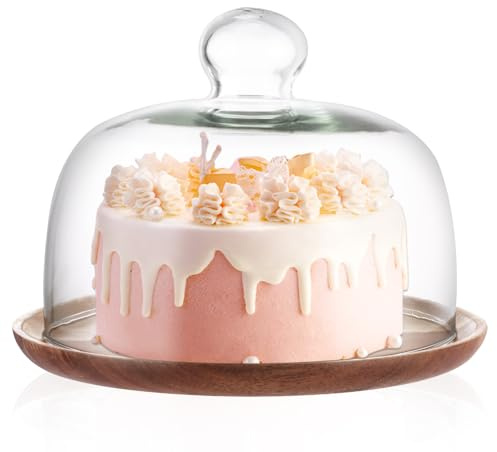 AHAQU Cake Stand with Dome Lid, 20.5cm/8 Inch Wood Cake Plate with Glass Cover, Cake Display Stand with Dome for Wedding, Birthday, Party