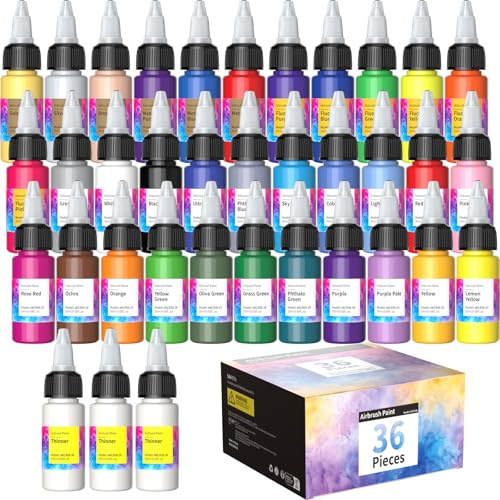 Oasser Airbrush Paint Set 33 Colors with 3 Thinners, Water-Based, Ready for Canvas, Wood, Fabric, Model Painting
