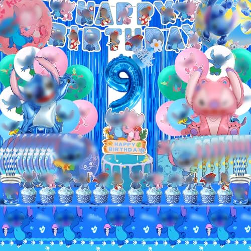 100pcs Lil Und Stitc Geburtstag Deko, Stitc Party Deko, Stitc Geburtstagsdeko 9 Jahre, Stitc Deko Geburtstag, Stitc Luftballon, Partygeschirr, Tortendeko, Stitc Kuchen Deko fur Kindergeburtstag