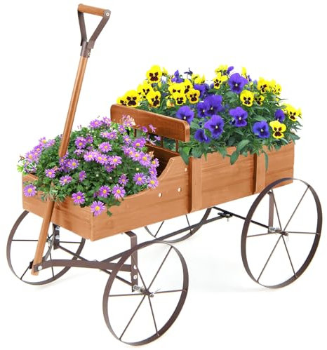 HOMASIS Blumenwagen Holz, Blumenkarre mit 4 Metall Rädern, Griff & 2 Fächern, Blumenständer Holzwagen Pflanzschubkarre, Blumenkasten Gartendeko für Garten Balkon Terasse, 62x34x60cm (Orange)