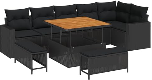 vidaXL Garten-Sofa-Set 9 pcs Schwarz Poly-Rattan, Garten und Terrasse, modernes Sofa Set, wetterfest, Bequeme Sitzgelegenheiten, Akazienholz, Rattan-Möbel