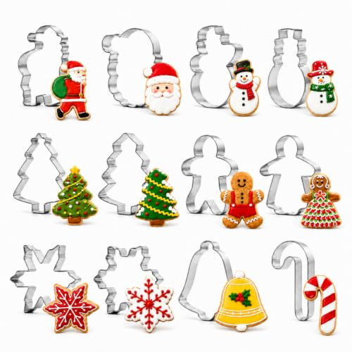 12-teiliges Weihnachts-Ausstechformen-Set | Mit Weihnachtsmann, Schneemann, Schneeflocke, Baum, Lebkuchenmann und Glocke für Plätzchen und Fondant