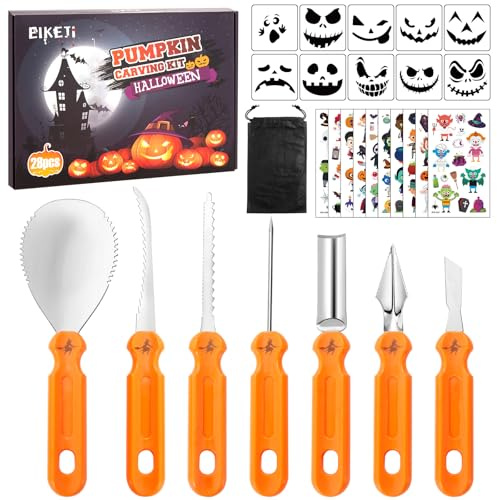 EIKEJI Kürbis Schnitzset, 28 Stück Halloween Kürbis Schnitzwerkzeug DIY Halloween Dekoration Kürbis Schnitzen Set mit Schnitzvorlagen, Edelstahl Kürbis Schnitzmesser für Kinder Erwachsene und Familie