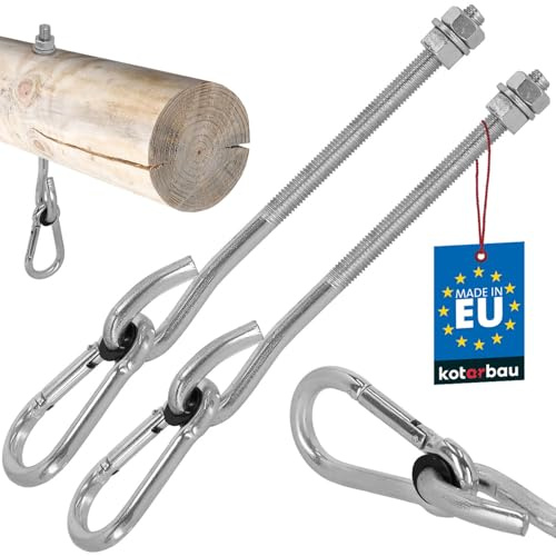 KOTARBAU® 2er Set Schaukelhaken mit Karabinerhaken - M12 230 mm - verzinkter Stahl - Schaukelhaken für Holzbalken - Karabinerhaken - Schraubhaken - Schwerlasthaken