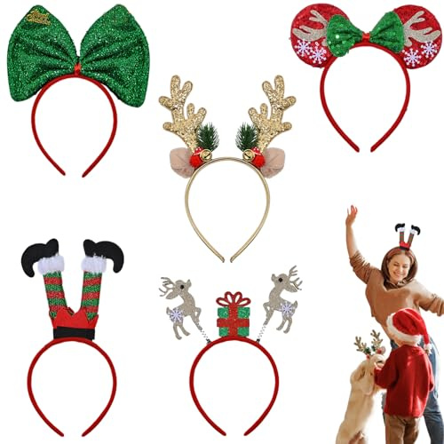 Tankermo 5 Stück Haarreif Weihnachten,Weihnachts Haarreif Rentier,Weihnachtsmann,Schleifen Stirnbänder,Lustig Weihnachtshaarreif für Erwachsene Kinder Weihnachtsfeier Fotobox Accessoires Kopfschmuck