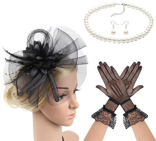 Wayfadacc 20er Jahre Fascinator Hut Haarband und Halskette Kostüm Set Haarschmuck für Pferde Event Cocktails Party Dressingup