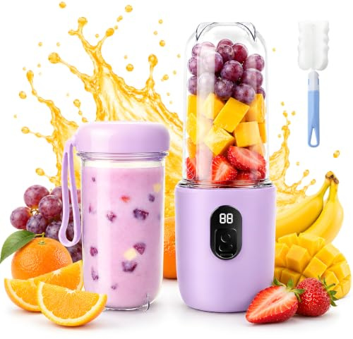 Blender Portable, 500 ml Blender Smoothie avec Affichage Numérique, Rechargeable Mini Blender Portable avec Brosse de Nettoyage, 16 Lames Mixeur Smoothie pour Extérieur Voyage Cuisine (Violet)