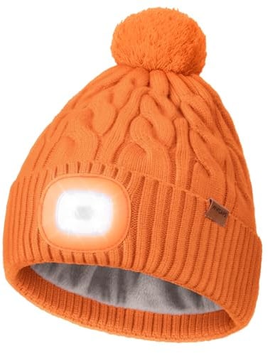 Wmcaps Mütze mit LED Licht, Type-C Wiederaufladbar mit Thermofleece Beanie | Weiches Fleecefutter，Leuchtmütze mit Pom-Pom, fürs Gassigehen mit dem Hund, Weihnachtsgeschenke für die Ehefrau