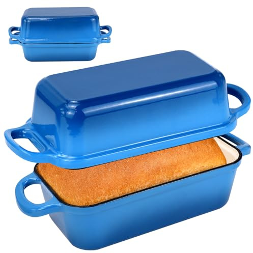 Cast Iron Sourdough Bread Pan with Lid, Enamelled Rectangular Loaf Tin | Heavy-duty Blue Enamelled Cast Iron, 23 x 13 cm; Reversible Lid Supports Sourdough Baking, Roasting and Slow Cooking