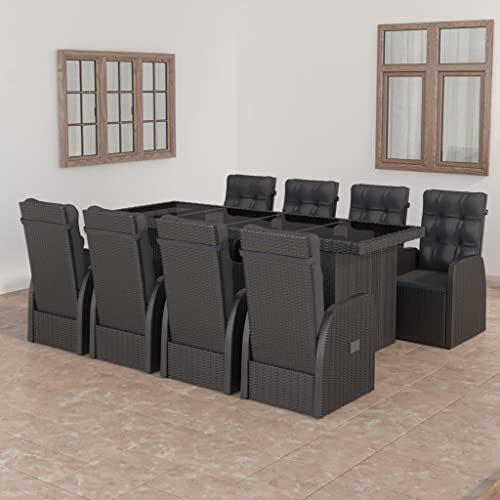 Holamys 9-TLG. Garten-Essgruppe Schwarz, PE Rattan, 8 verstellbare Relaxsessel, Stahlrahmen, Glastisch 240x90cm, Outdoor-Möbel Gartenmöbel-Set für Terrasse, Gartenmöbel