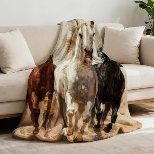 GLOBLELAND Horse Running Throw Blanket 59 x 51 Three Running Horses Throw Blankets Animal Theme Blanket for Home Sofa Travel Adult Women Men Comfort Warmth Soft Cozy