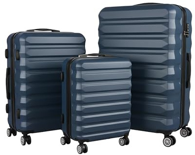 Relaxdays Kofferset, 3-teilig, 3 Größen, 4 Rollen, Hartschale, Teleskopgriff, Reisekoffer mit Zahlenschloss, dunkelblau