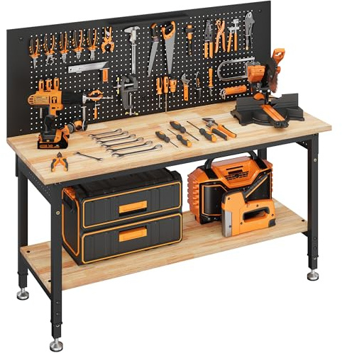 CAMMOO 152 x 55 cm Werkbank, höhenverstellbar, mit Ablagefach, max. 907 kg Tragfähigkeit, robuste Tischplatte aus Gummibaumholz mit Lochwand, LED-Beleuchtung und integrierter Steckdosenleiste