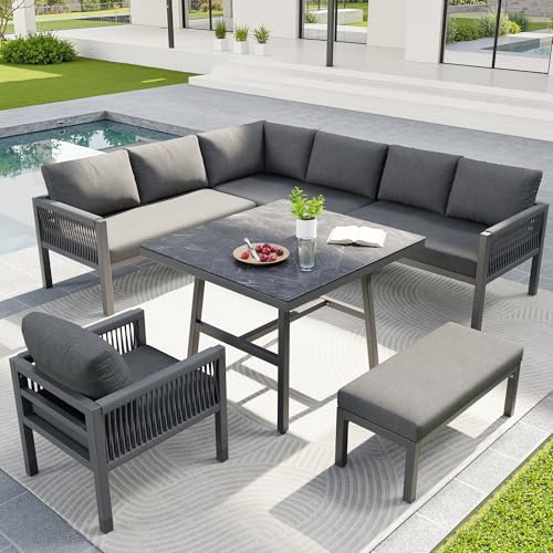 Merax Gartenmöbel-Set, Gartenlounge Set aus verzinktem Eisen & handgeflochten Seil, Balkonmöbel Outdoor Sitzgruppe mit Sesseln & Tisch & Kissen, Wetterfest für Terrasse, L-Form Loungegarnitur, Grau