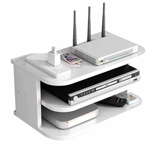 PREMZO Wall Floating Media Shelf TV Sky Box Set-Top Rack WiFi Router, DVD, Projector, Gaming Consoles, Multi-Layer Cable Management, Living Room, Bedroom Wall Organiser (White, 3 Tier)