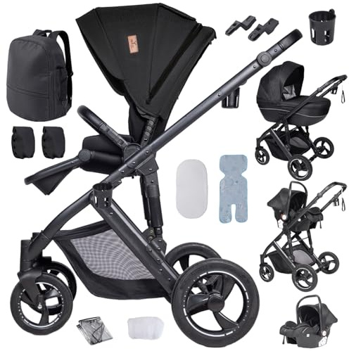 4-in-1 Kinderwagen mit verstellbarem Sitz, Reisesystem mit Liegefunktion und Wendefunktion, 3-teiliger One-Click-Klappkinderwagen, Buggy mit komplettem Zubehör, Doppelbremse vorne und hinten