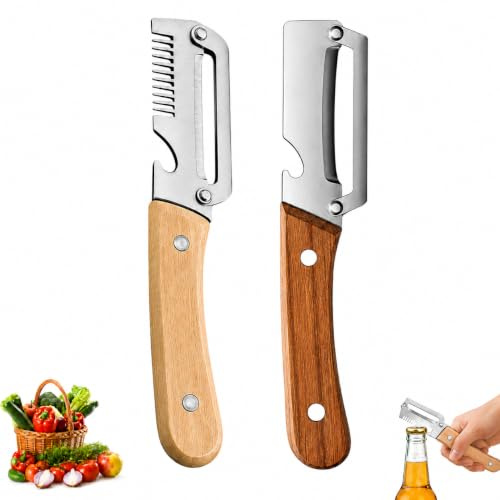 Multifunktionaler Gemüseschäler aus Edelstahl mit Holzgriff, 3-in-1 Profi Küchenschäler mit Julienne Reibe & Flaschenöffner, Ergonomisches Küchenwerkzeug für Obst & Gemüse（2er Set ）