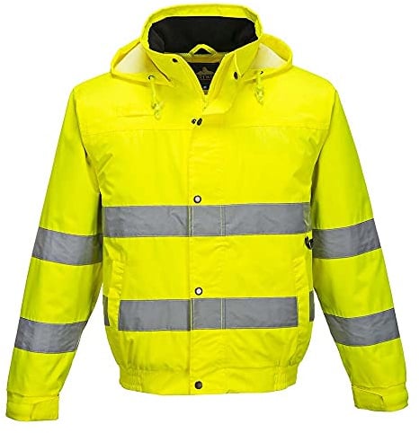 Portwest S161Y Hi-Vis Rain Lite Bomber Jacket Multi Pocket Machine Washable | Yellow, Medium, UPF 40+, Regular Fit, Contrast Fleece Collar, Side Access Openings, Pack Away Hood, Storm Flap Front