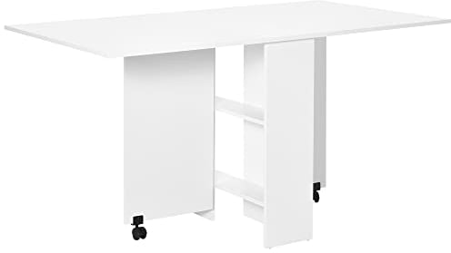 HOMCOM Tavolo Pieghevole Salvaspazio, 2 Ripiani Inferiori in Legno, Tavolo Richiudibile Salvaspazio, con Ruote per 6 Persone, 80P x 140l x 74H cm, Bianco